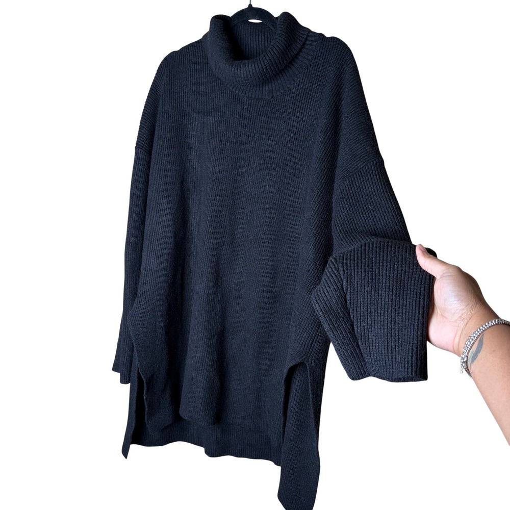 The Drop Womens Black Ribbed Turtleneck Oversized Tunic Sweater Side Slits 3X